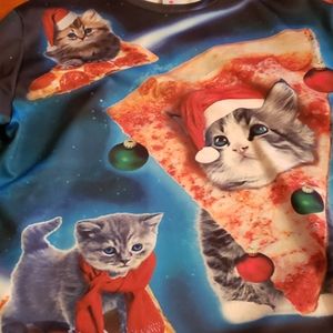 Large space cat pizza christmas sweat shirt.